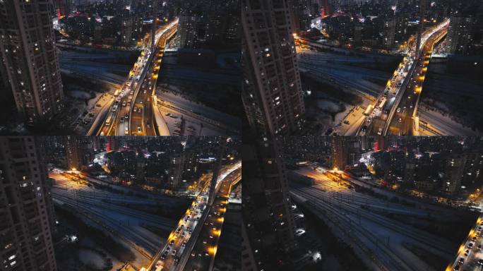 沈阳老道口火车冬季夜景航拍城市风景