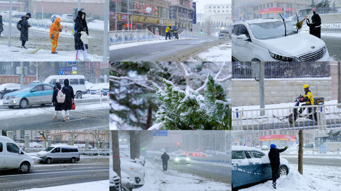 冬天雪天城市行人行走环卫工人扫雪雪天出行