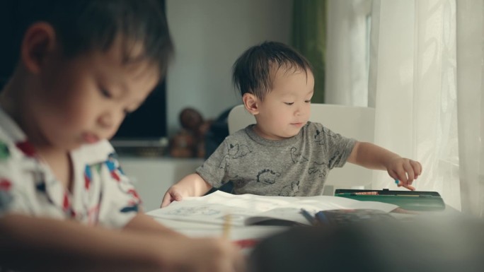 富有创意的亚洲兄弟姐妹:用铅笔着色的家庭教育艺术冒险。