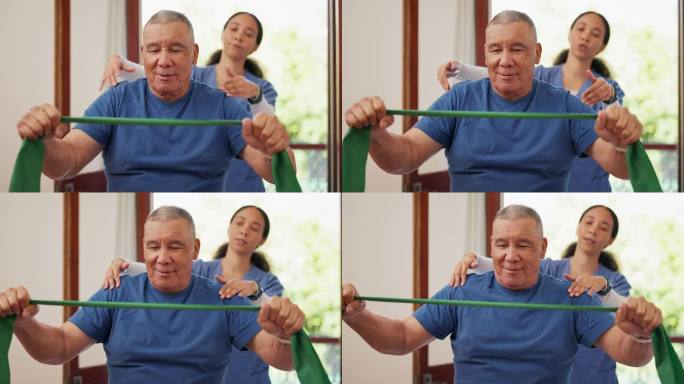 物理治疗，手臂和老人做伸展运动，恢复或物理治疗师的康复建议。物理治疗，退休和护士协助老年患者康复支持