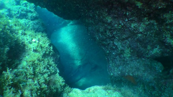 浮潜、潜水:相机穿过一个洞进入一个石洞。