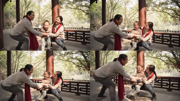 春节期间祖孙三代在公园玩耍开心快乐童年