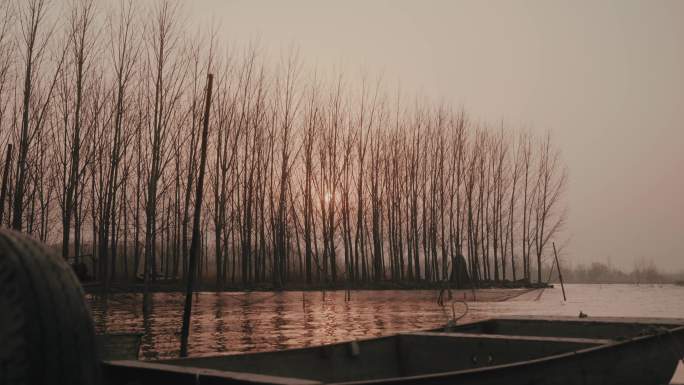 夕阳·湖泊·渔船·芦苇