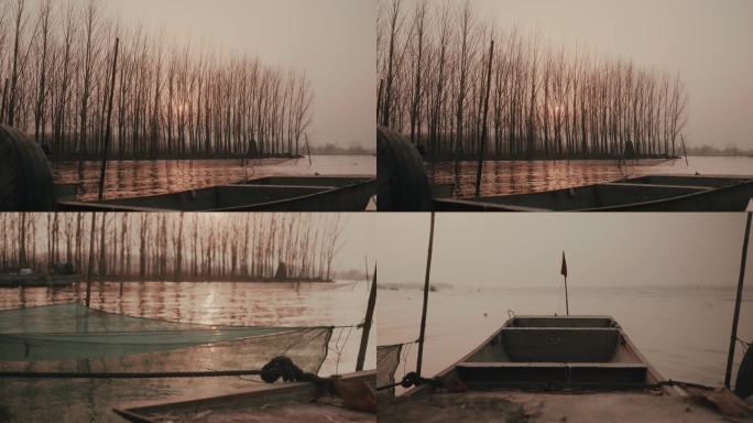 夕阳·湖泊·渔船·芦苇
