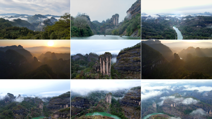 武夷山玉女峰九曲溪延时航拍大景特写
