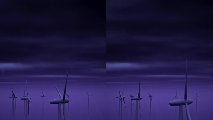 海上的风力涡轮机在雨夜和雷击- 4K分辨率