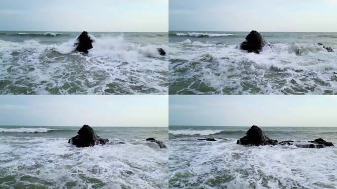 第一视角海浪拍打礁石