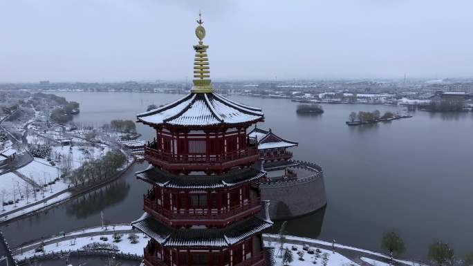 航拍洛阳朱樱塔雪景