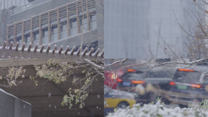 北京CBD高端商务酒店雪景下雪升格空镜头