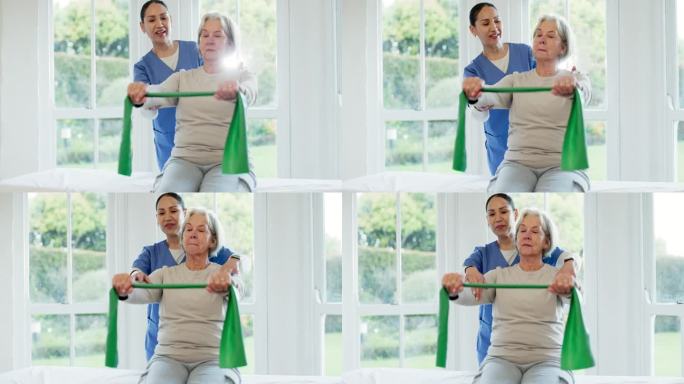 护士、老年妇女和在家用阻力带进行手臂肌肉锻炼的物理疗法。物理治疗，护理或伸展健身，康复或身体健康，训