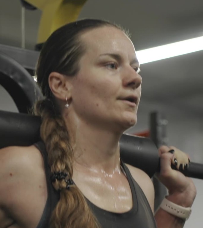 垂直视频。一个留着长辫子的年轻女子在史密斯健身机上做深蹲的特写。她满头大汗，把杠铃放回原位。