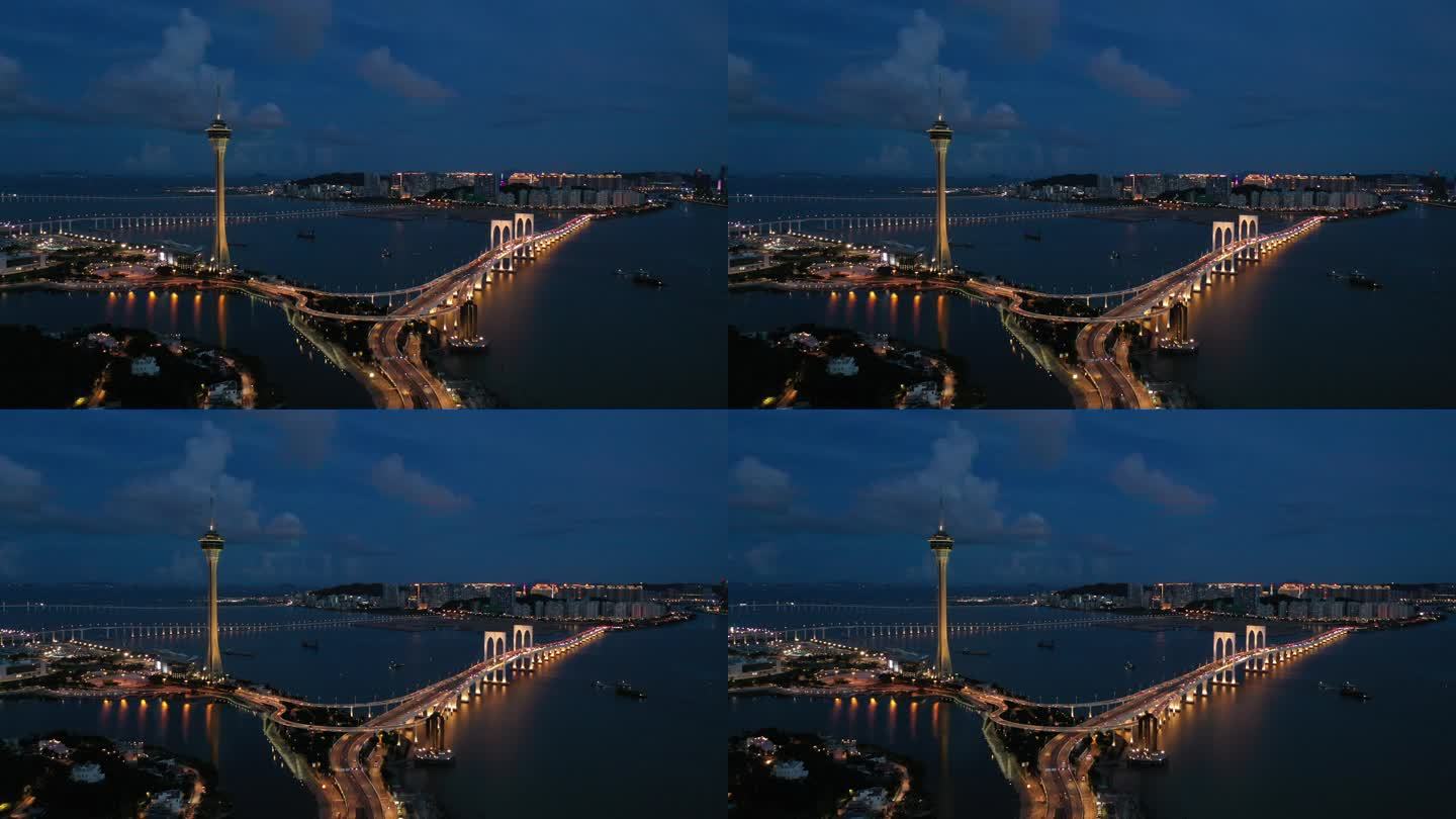 澳门西湾大桥夜景航拍
