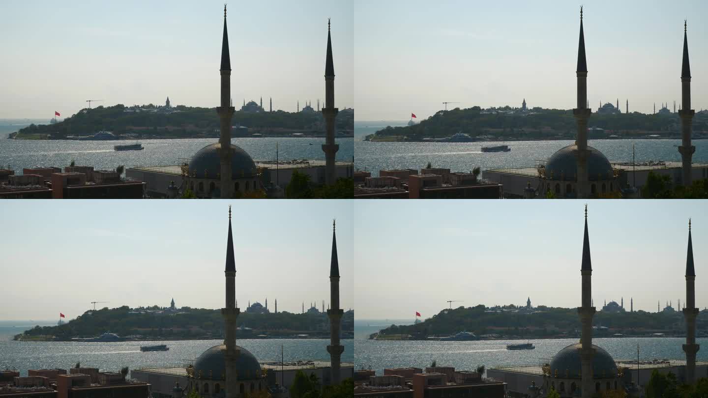 晴朗的一天伊斯坦布尔城市观景台清真寺外部全景4k土耳其