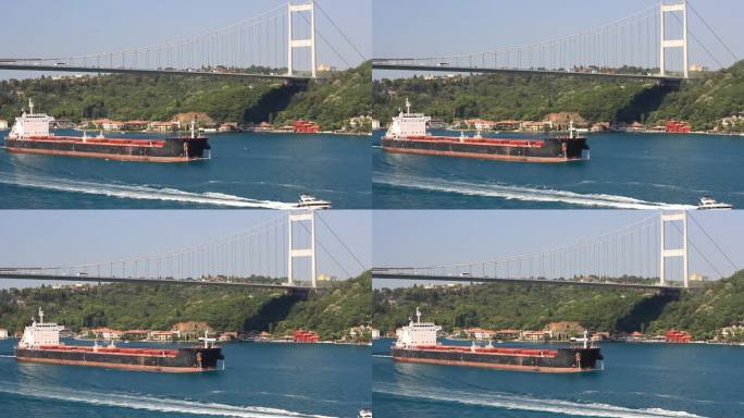 一艘原油油轮驶过伊斯坦布尔的博斯普鲁斯海峡。长274吨，宽48吨，载重150,581吨。