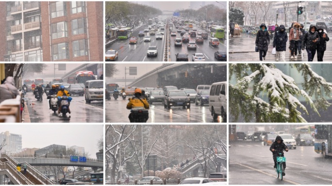 城市雪景 冬天下雪街道行人外卖奋斗奔波