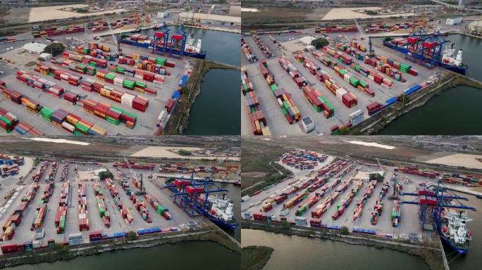 港口集装箱码头的鸟瞰图，大量的集装箱在那里等待着他们的旅程