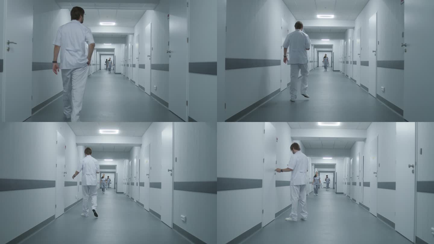穿白色制服的医生试图打开柜子的门
