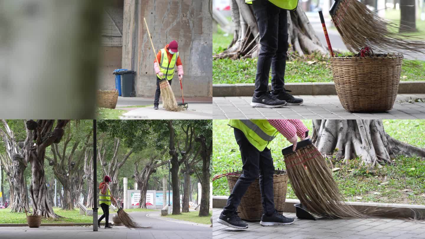 【4K超清】公园市政园林工扫地清理树叶