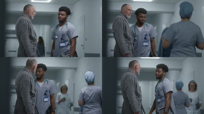 非裔美国医生和老年病人在医院走廊