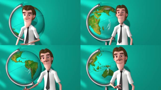 3d动画，一个卡通人物靠近地球和一个蓝色的。卡通人物说话并展示地球仪