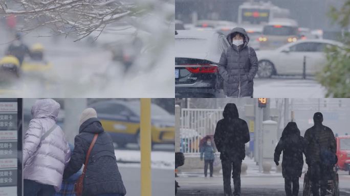 老龄化，老人走路背影北京雪中街道城市雪景