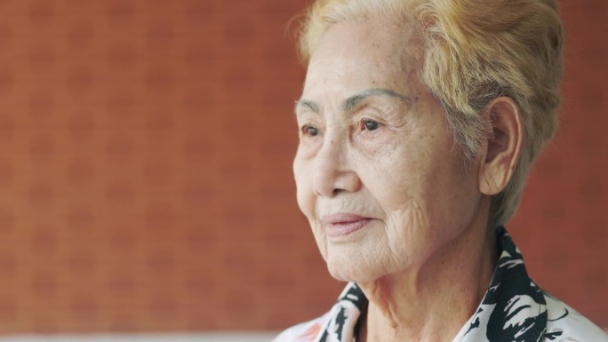 一个亚洲现代祖母的特写脸，在质朴的砖墙背景下的半身像，展现了积极向上的老年生活，健康幸福的退休老人。