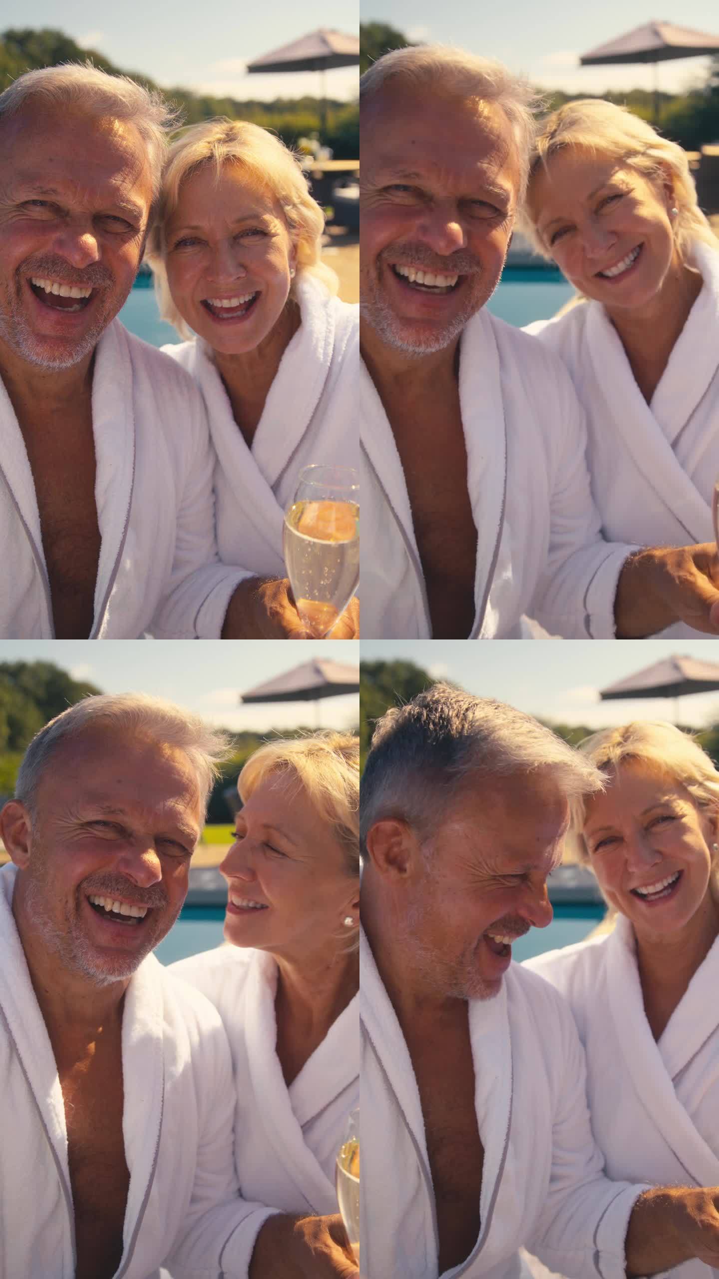 在水疗日，穿着长袍的老年夫妇在室外游泳池边喝香槟的垂直视频