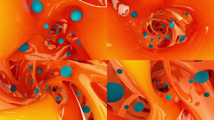 飞行通过橙色抽象超现实有机外星结构在曲线波浪生物形式与蓝色球体