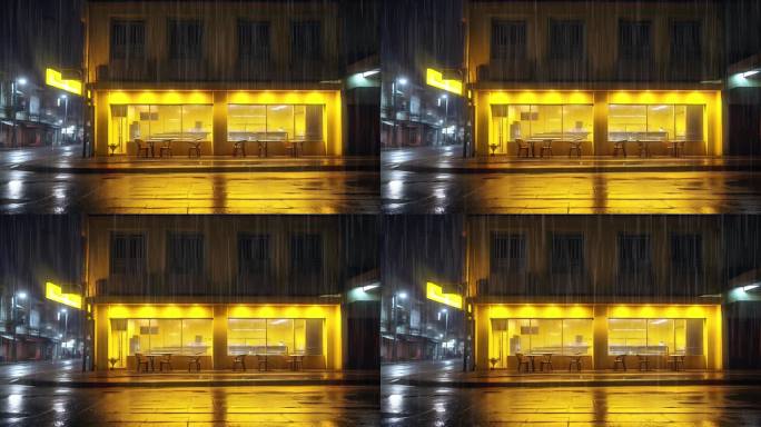 4K餐厅商店街道灯光下雨概念背景