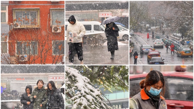 城市雪景  下雪唯美空镜 雪景街道行人