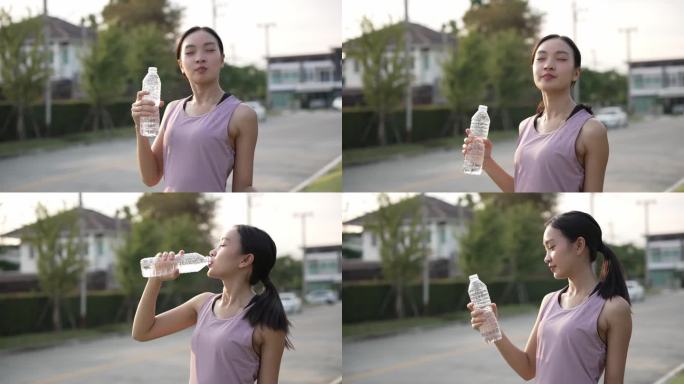 年轻的健身女性在户外公园里一边喝能量水一边做伸展运动。晚上锻炼身体，健康观念慢无影