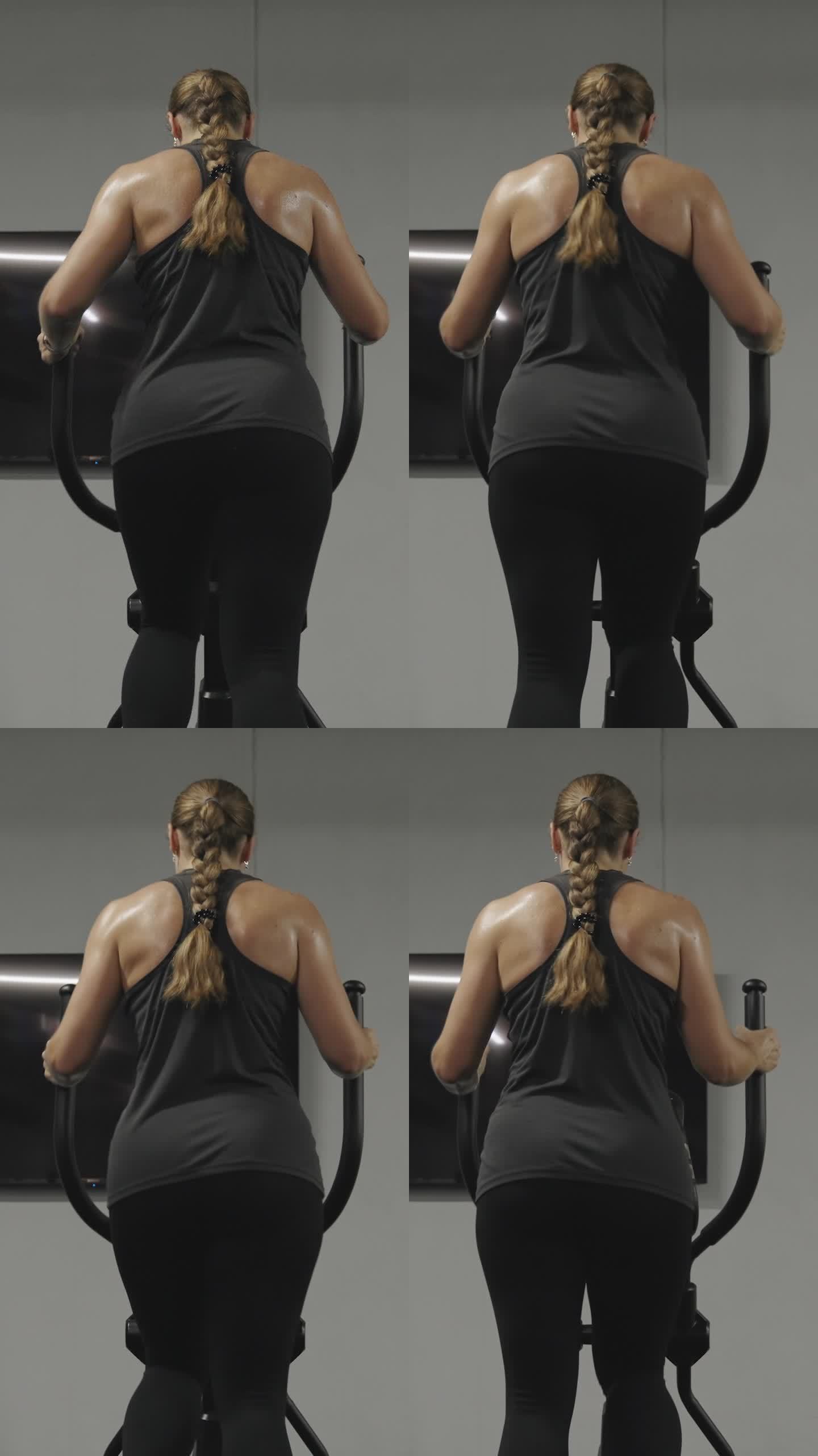 垂直视频。一个长头发扎成辫子的女人在椭圆机上锻炼，她的背汗流浃背。