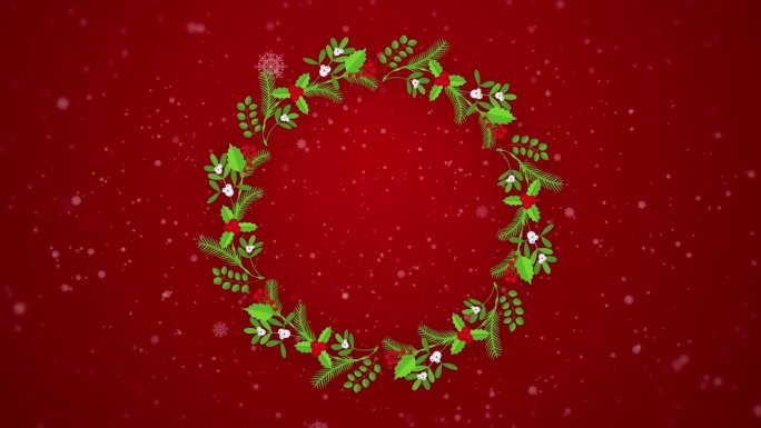 圣诞花环2D动画。带装饰的圆形花框