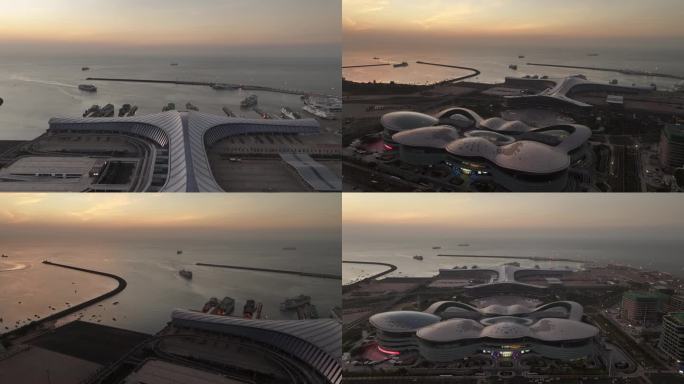 4K航拍夕阳映照下的cdf海口国际免税城