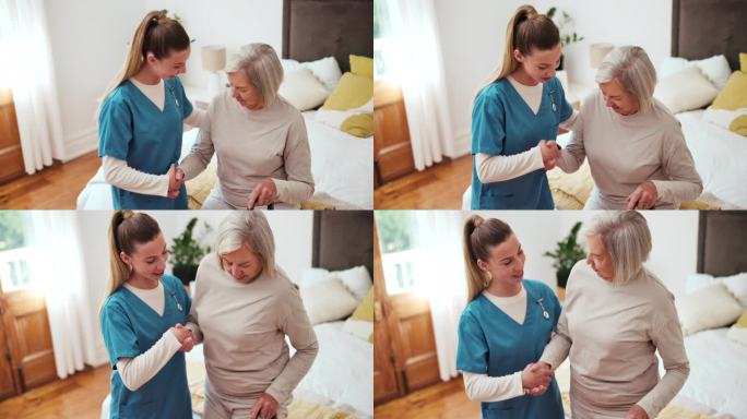 老人，妇女和护士拄着拐杖在养老院帮助，支持和床。老年人、残障人士和在卧室中使用手杖进行活动、康复和恢