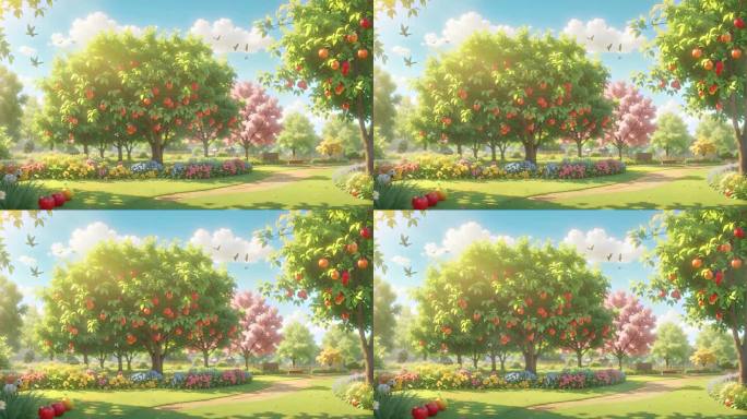 4K唯美卡通生态苹果园概念背景素材