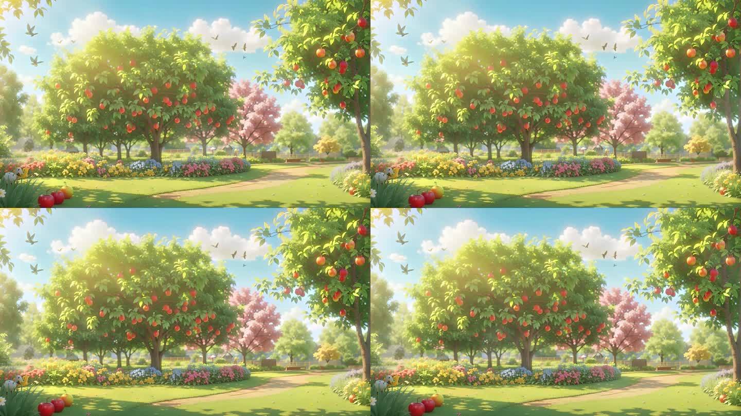 4K唯美卡通生态苹果园概念背景素材
