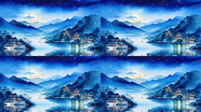 中式水墨画山水青色视频素材背景