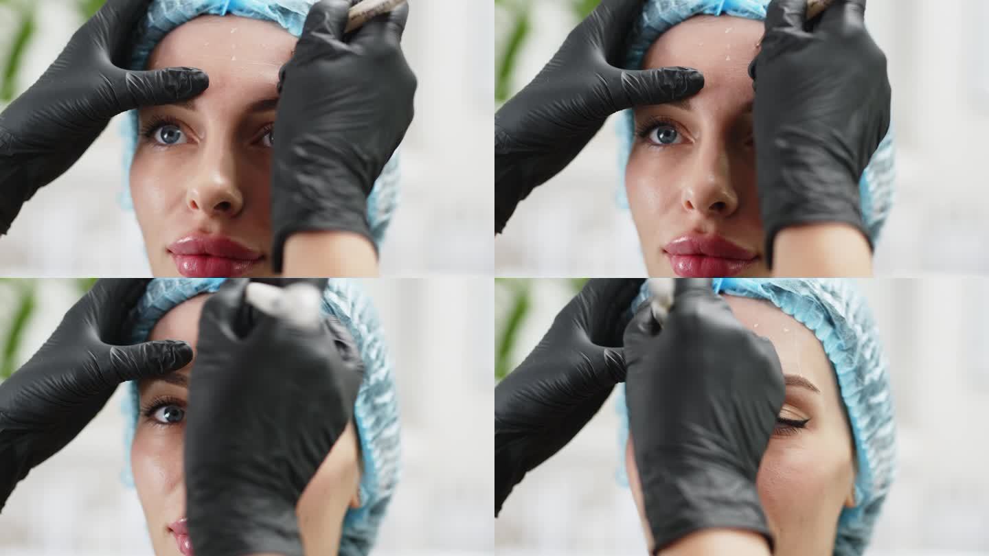 一位美容医生用笔在一位美丽的病人额头上打肉毒杆菌。为一个美丽年轻的女人准备注射的概念。