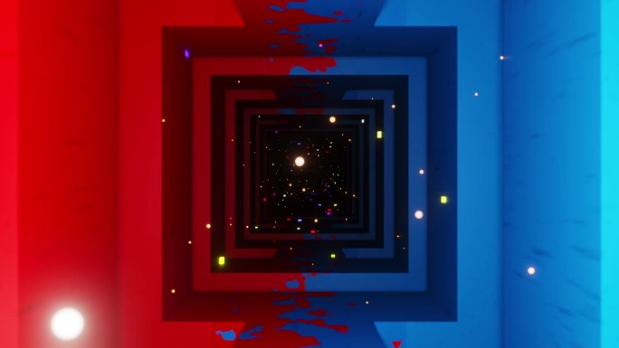 方形红蓝隧道，发光粒子。循环动画