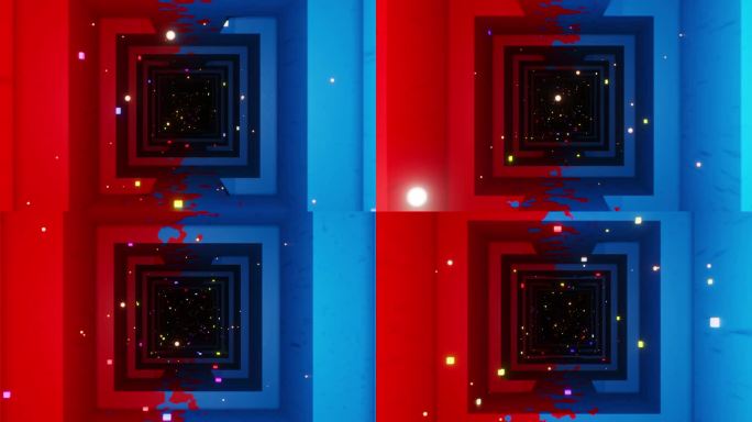 方形红蓝隧道，发光粒子。循环动画