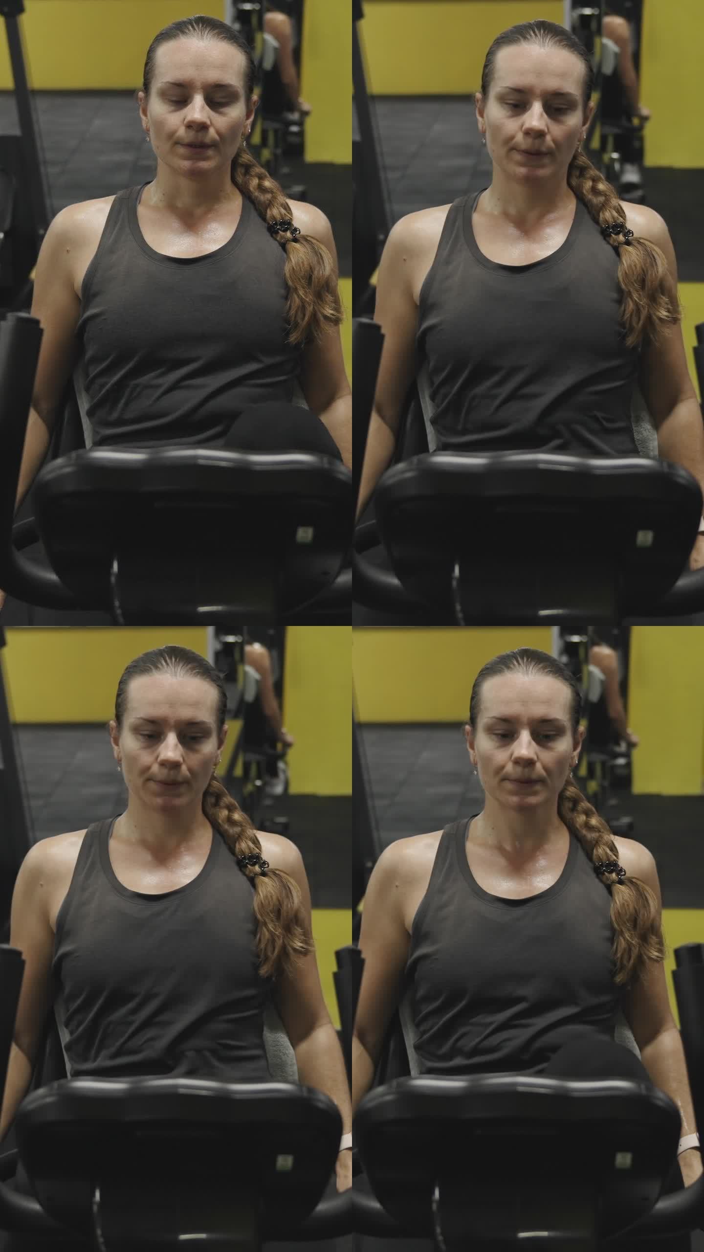 垂直视频。年轻女子用长发扎成辫子，在健身车上锻炼。她是出汗，有效燃烧脂肪的锻炼。