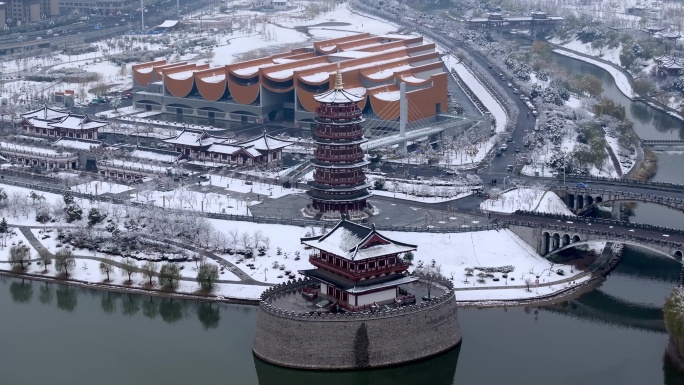 航拍洛阳朱樱塔雪景