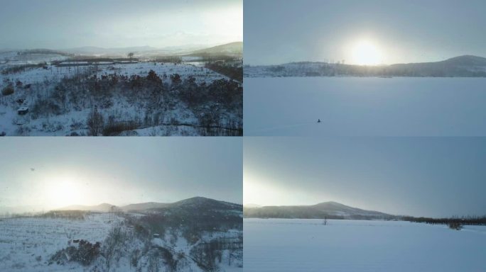 航拍大雪 山村