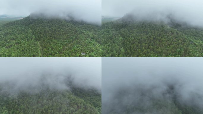 航拍森林山顶被云雾覆盖火山口云层腾冲