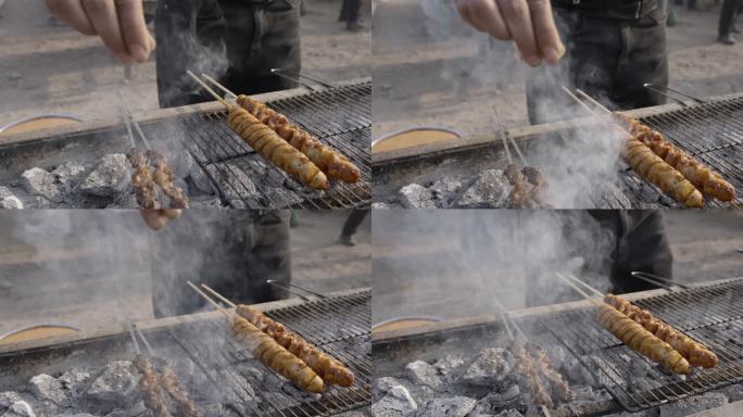 新疆吐鲁番集市美食烤面筋烤鸡排小吃人文