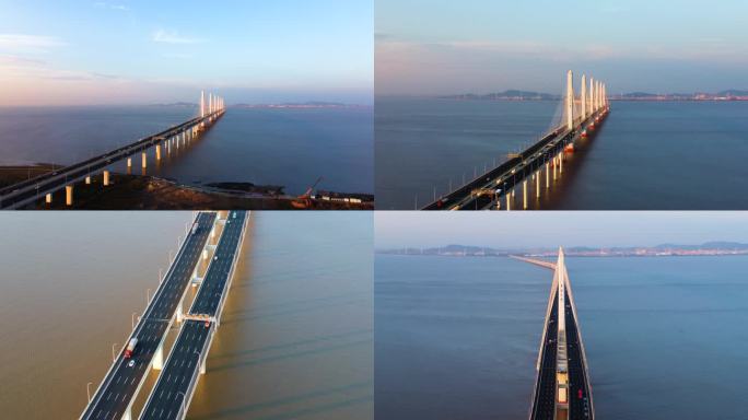 4k航拍夕阳下的嘉绍大桥