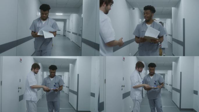 医生在医院走廊与同事会面