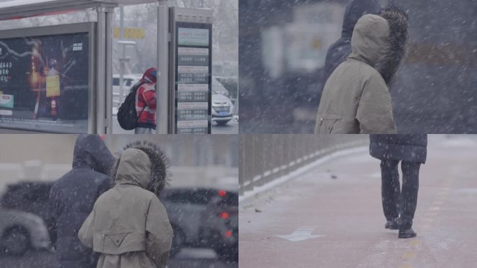 北京大雪人文百姓生活，雪中等车冬天街道