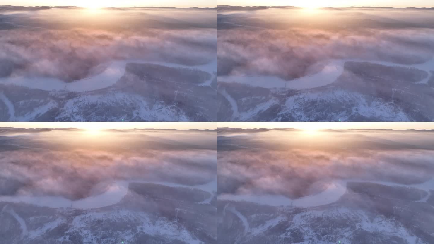 航拍冻雾迷漫的林海雪原阳光冰河